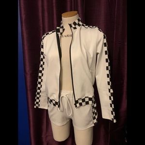 White & Black Checkered Short and Jacket Set